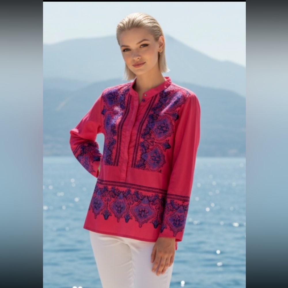 J CREW Blouse Top Paisley Boho Peasant Tunic Popover $88 Pink Red #45537